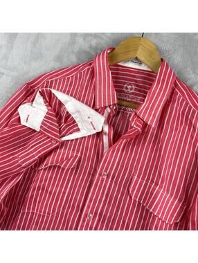 Bugatchi Uomo Men L Shirt Pink White Striped 100% Linen Button Up Luxury Roll-up